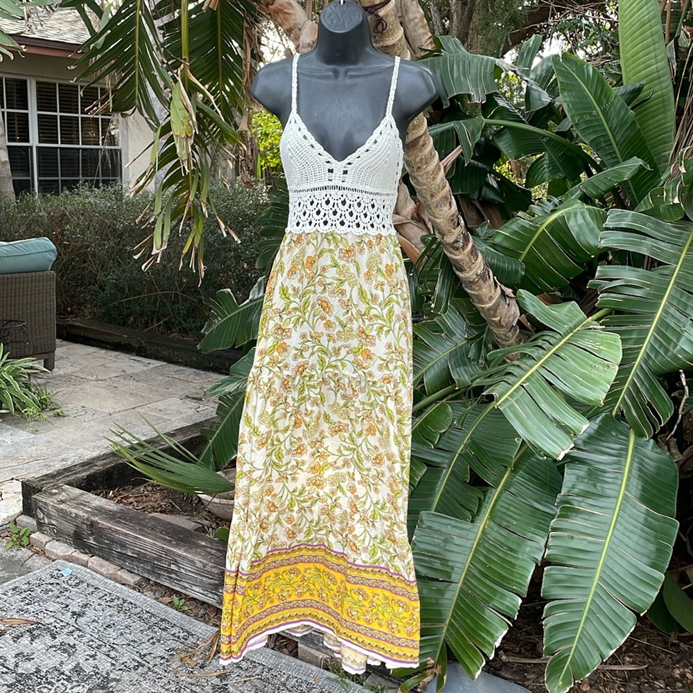JJ’s house crochet top floral ruffled maxi dress